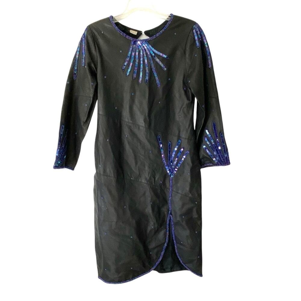 Vintage Black Leather Blue Sequin Beaded Dress size small Unique Groovy